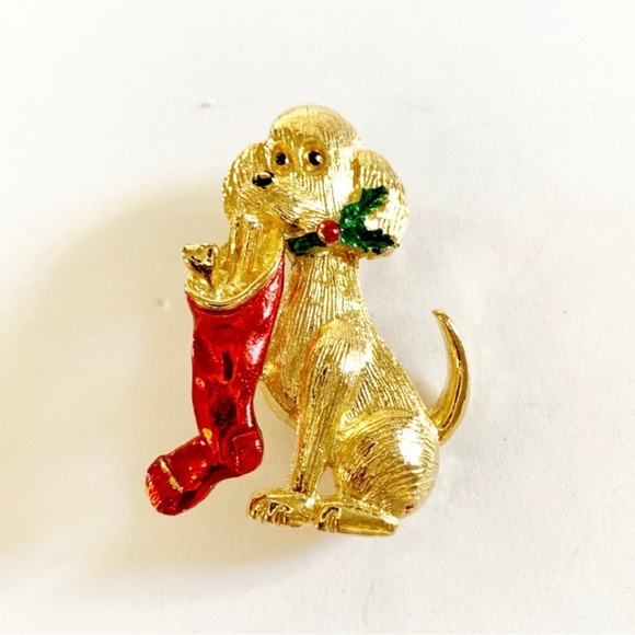 Vintage Gold Tone Dog Stocking Brooch - Picture 2 of 6